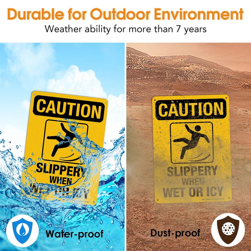 TR Slippery When Wet Or ICY Sign, Caution Sign, 4 Pack, 10" x 7" Rust Free .040 Aluminum, UV Protected, Waterproof, Weatherproof and Fade Resistant, 4 Pre-drilled Holes - Image 5